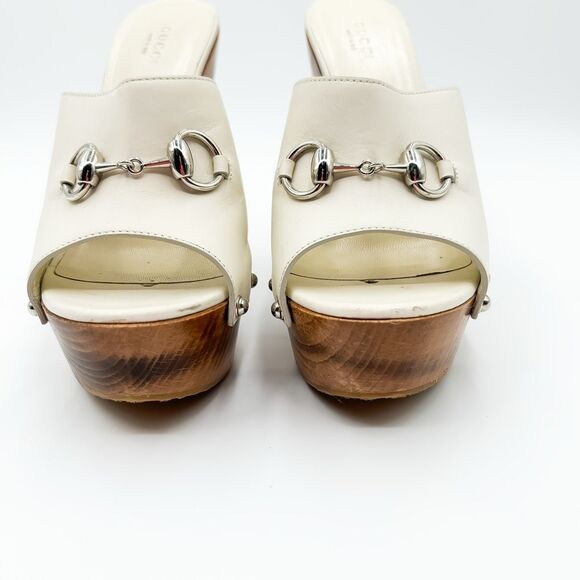 Gucci Horsebit White Mules Platform Leather Wooden Heels Sandals 38.5, 8.5 - Picture 3 of 15
